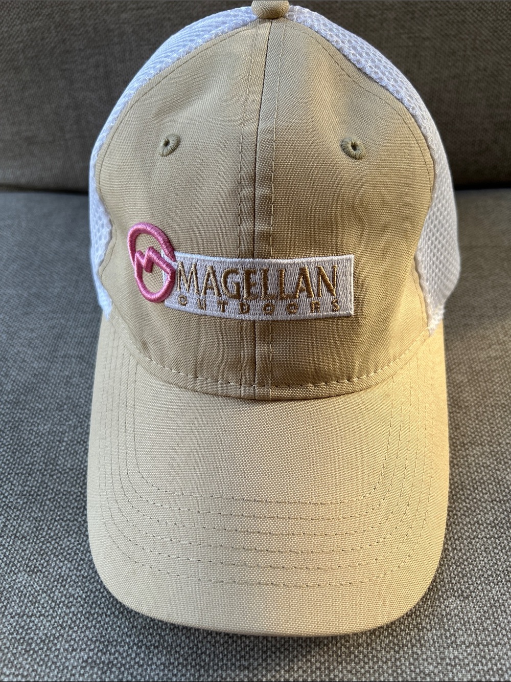 Magellan Outdoors Tan & White Mesh Back Cap with Pink Logo